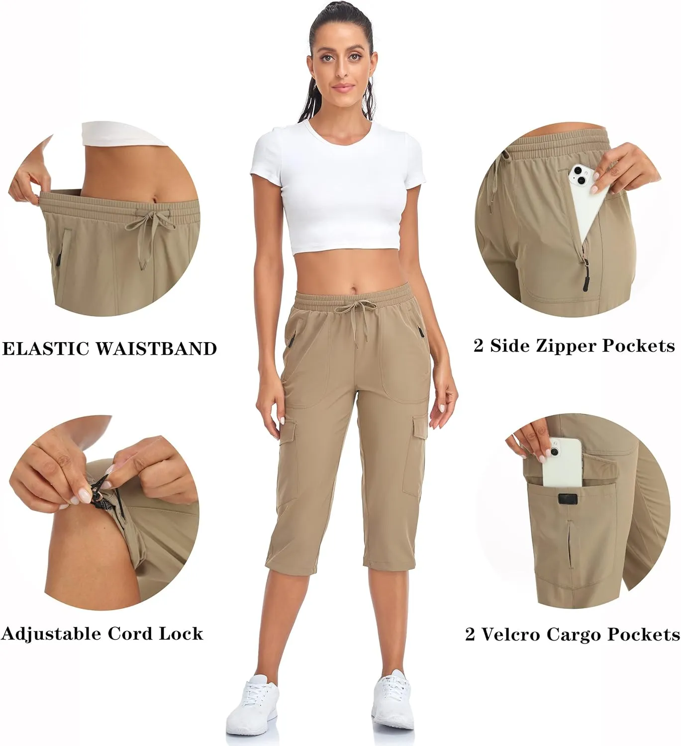 Women's Hiking Cargo Capri Pants Lightweight Quick Dry Joggers Outdoor Casual Travel Capris with Zipper Pockets