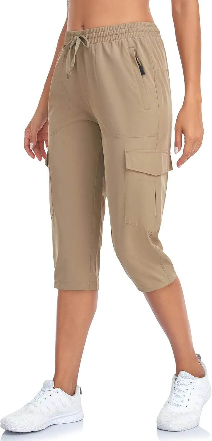 Women's Hiking Cargo Capri Pants Lightweight Quick Dry Joggers Outdoor Casual Travel Capris with Zipper Pockets