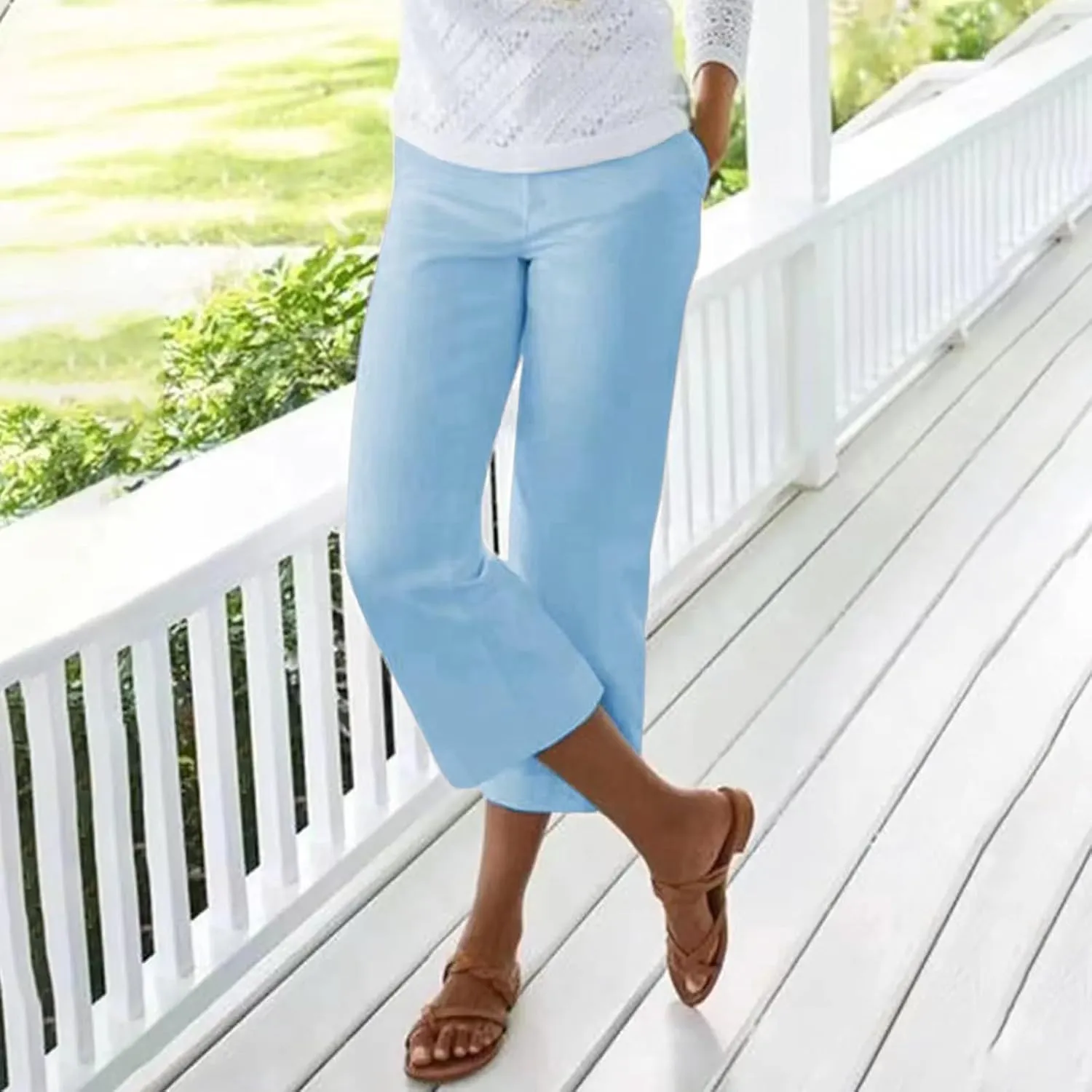 Women's Linen Capri Pants Casual Summer High Waist Cropped Wide Leg Lounge Comfy Yoga Trousers with Pockets Beach