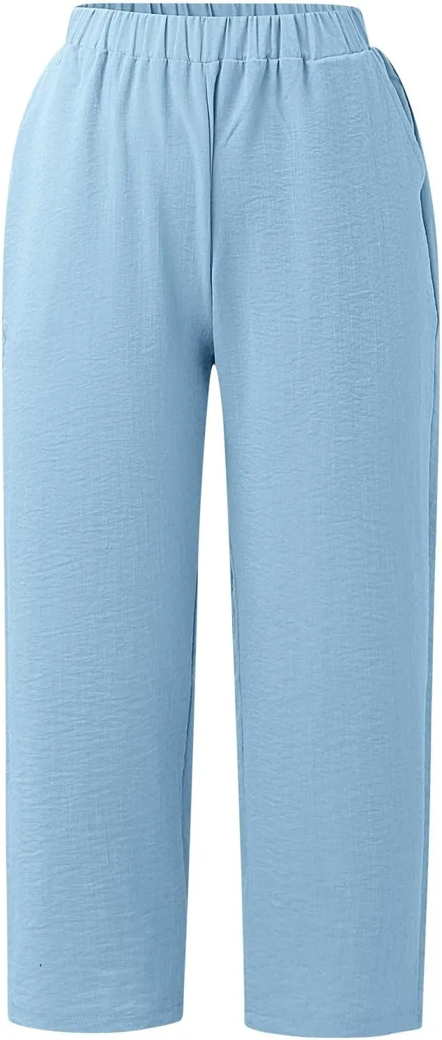 Women's Linen Capri Pants Casual Summer High Waist Cropped Wide Leg Lounge Comfy Yoga Trousers with Pockets Beach