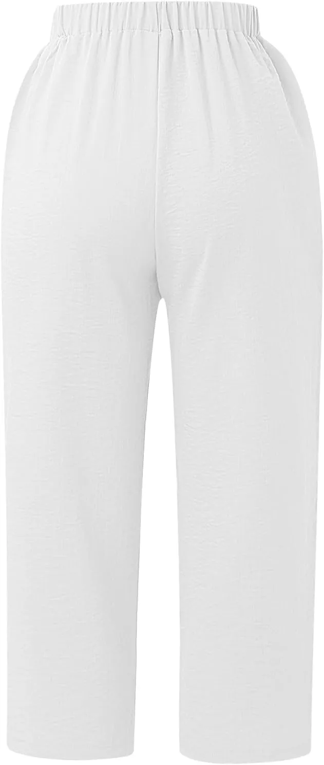 Women's Linen Capri Pants Casual Summer High Waist Cropped Wide Leg Lounge Comfy Yoga Trousers with Pockets Beach