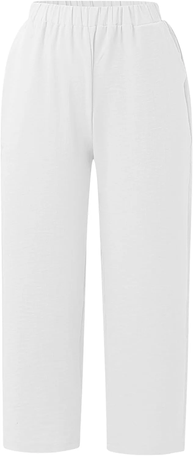 Women's Linen Capri Pants Casual Summer High Waist Cropped Wide Leg Lounge Comfy Yoga Trousers with Pockets Beach