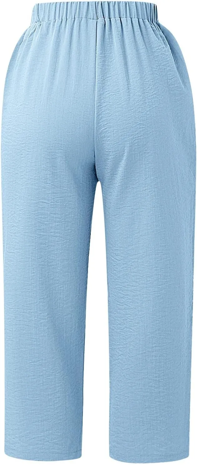 Women's Linen Capri Pants Casual Summer High Waist Cropped Wide Leg Lounge Comfy Yoga Trousers with Pockets Beach