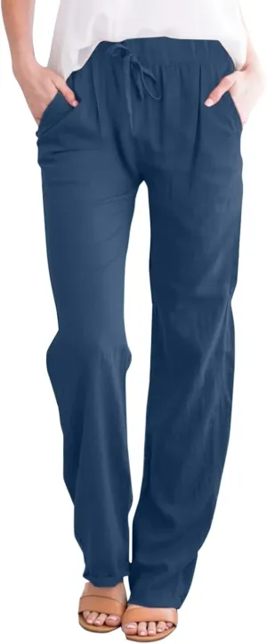 Women's Linen Capri Pants Elastic Pants Long Drawstring Linen Women Waist Comfy Gauze Casual Lightweight Loose