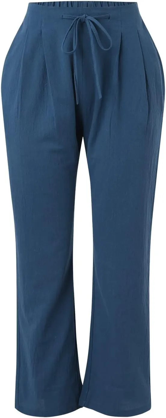 Women's Linen Capri Pants Elastic Pants Long Drawstring Linen Women Waist Comfy Gauze Casual Lightweight Loose