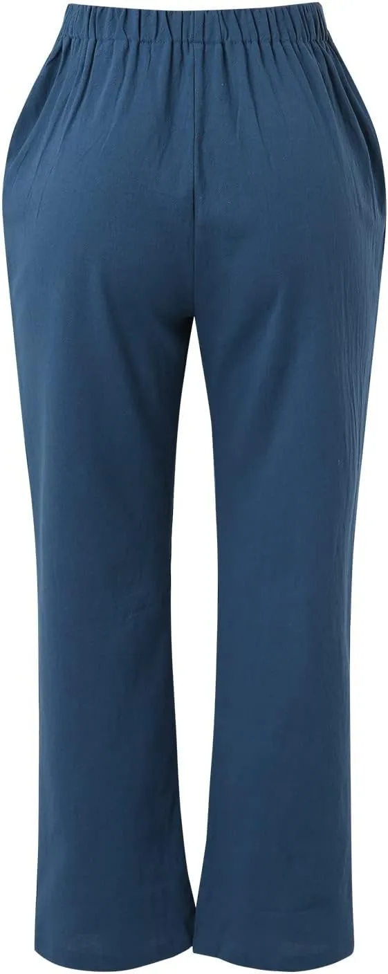 Women's Linen Capri Pants Elastic Pants Long Drawstring Linen Women Waist Comfy Gauze Casual Lightweight Loose