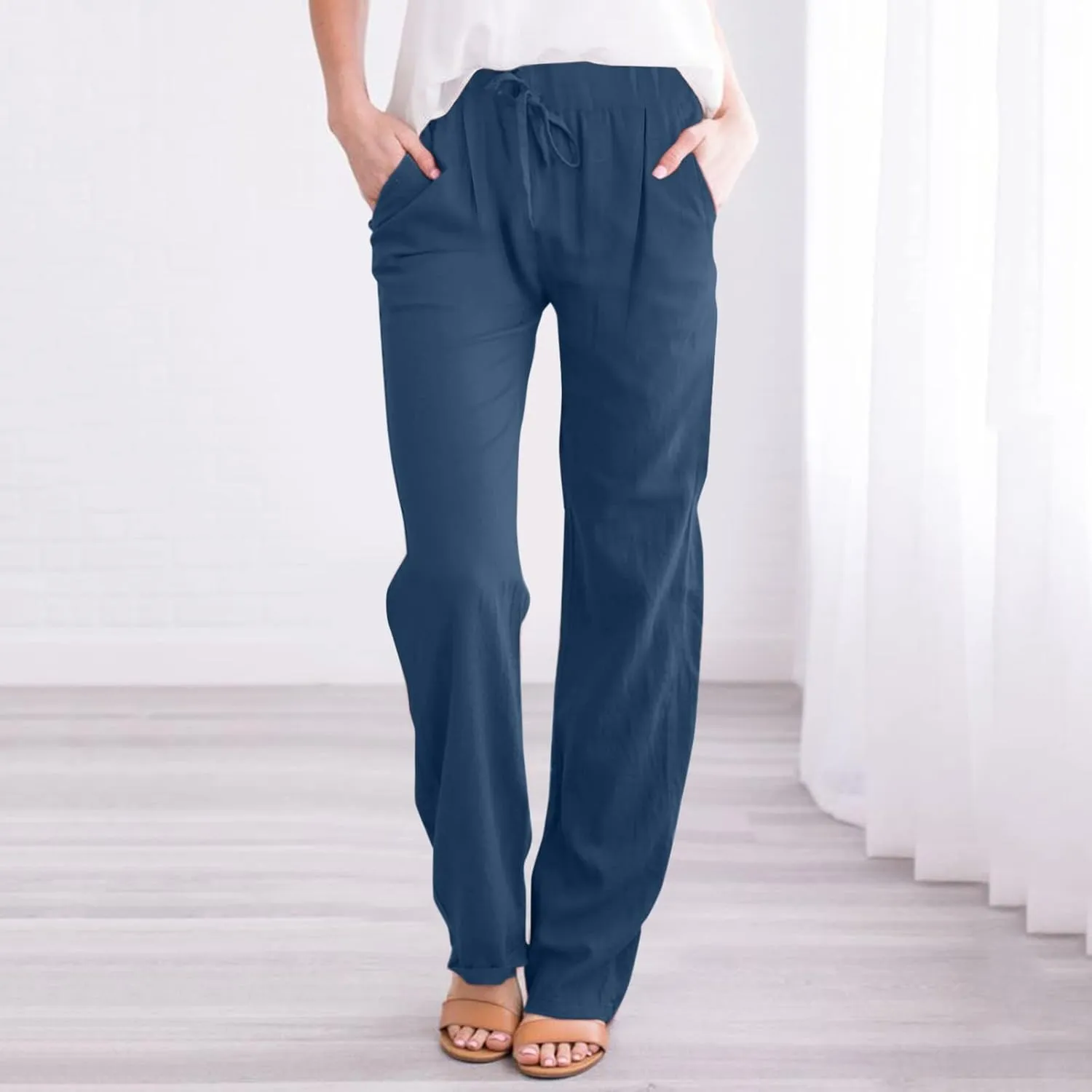 Women's Linen Capri Pants Elastic Pants Long Drawstring Linen Women Waist Comfy Gauze Casual Lightweight Loose