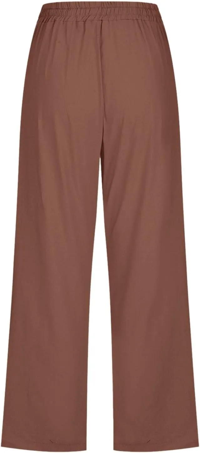 Women's Linen Capri Pants with Drawstring Drawstring Elastic Trousers Comfy Straight Leg Long Pants with Pockets