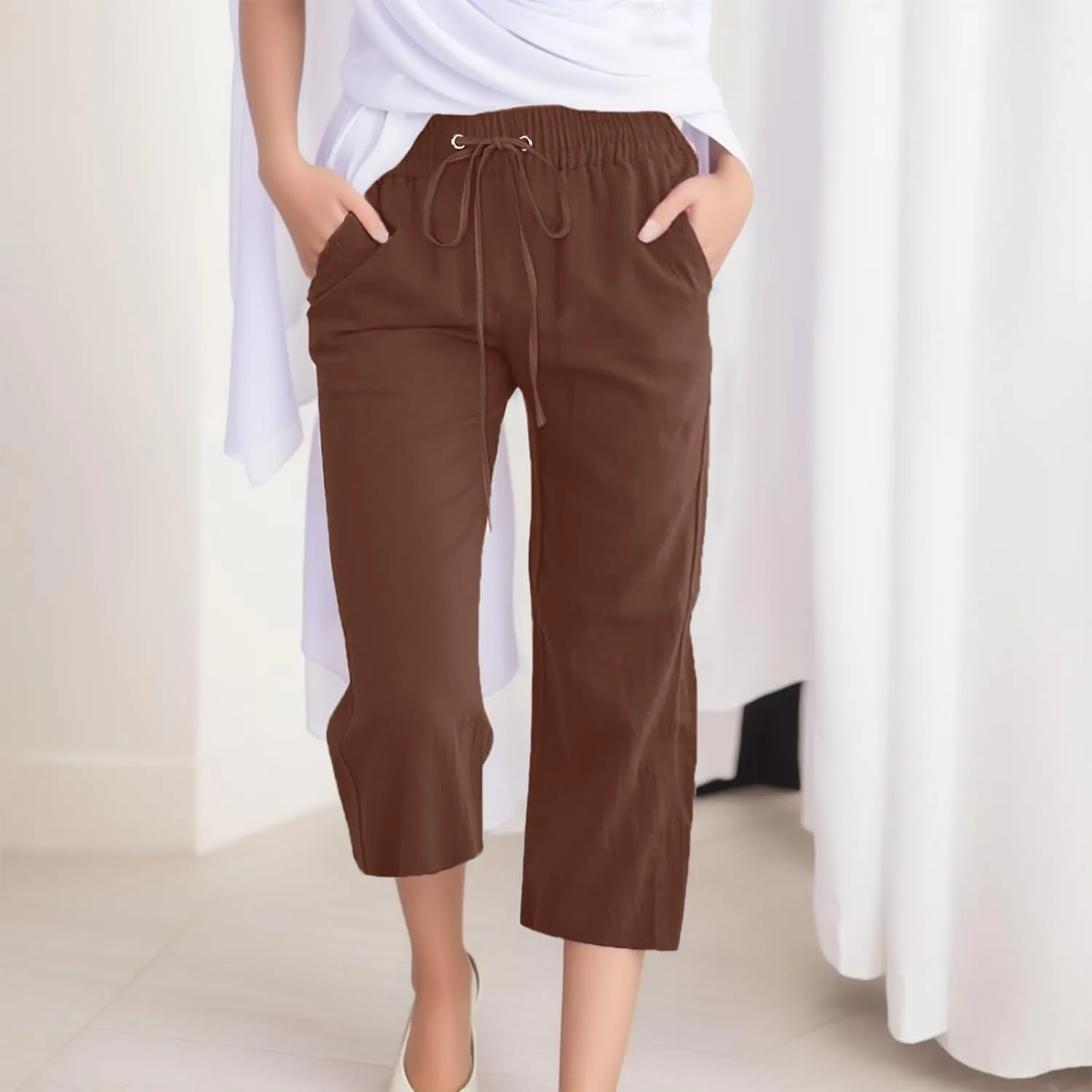 Women's Linen Capri Pants with Drawstring Drawstring Elastic Trousers Comfy Straight Leg Long Pants with Pockets