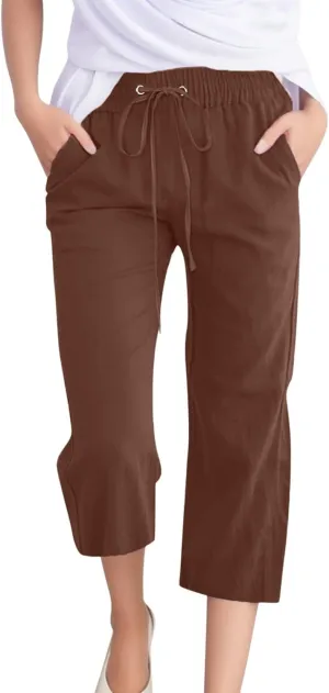 Women's Linen Capri Pants with Drawstring Drawstring Elastic Trousers Comfy Straight Leg Long Pants with Pockets