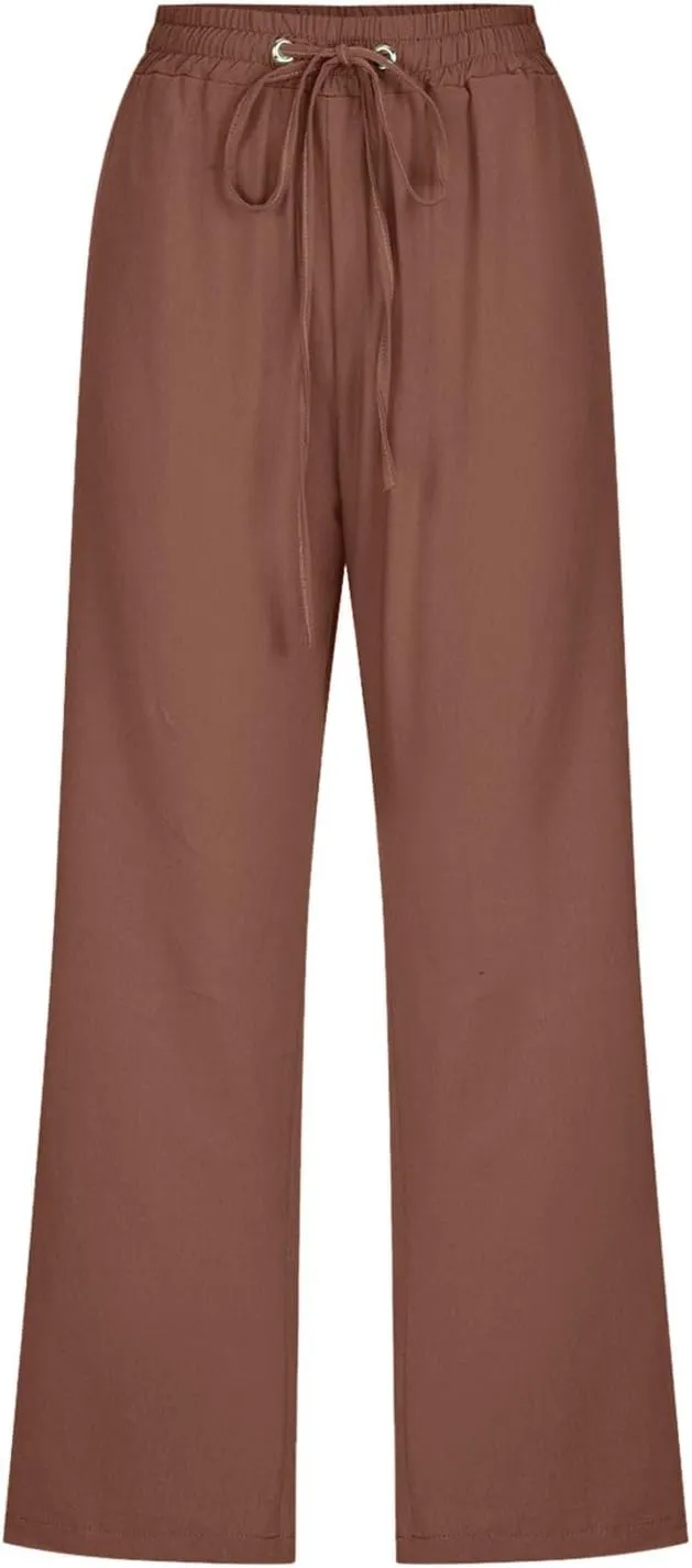 Women's Linen Capri Pants with Drawstring Drawstring Elastic Trousers Comfy Straight Leg Long Pants with Pockets