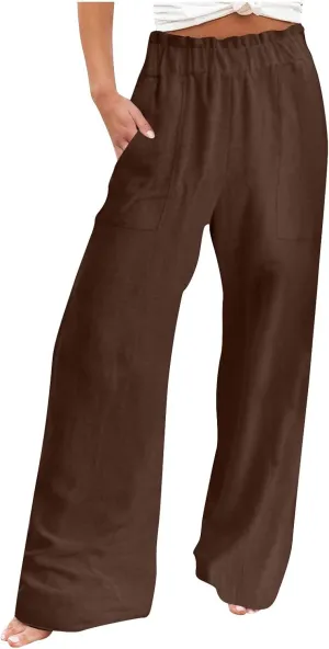 Womens Linen Palazzo Pants with Pockets Wide Leg Summer Bottoms Boho Pants Loose Fit Casual Trousers Lounge