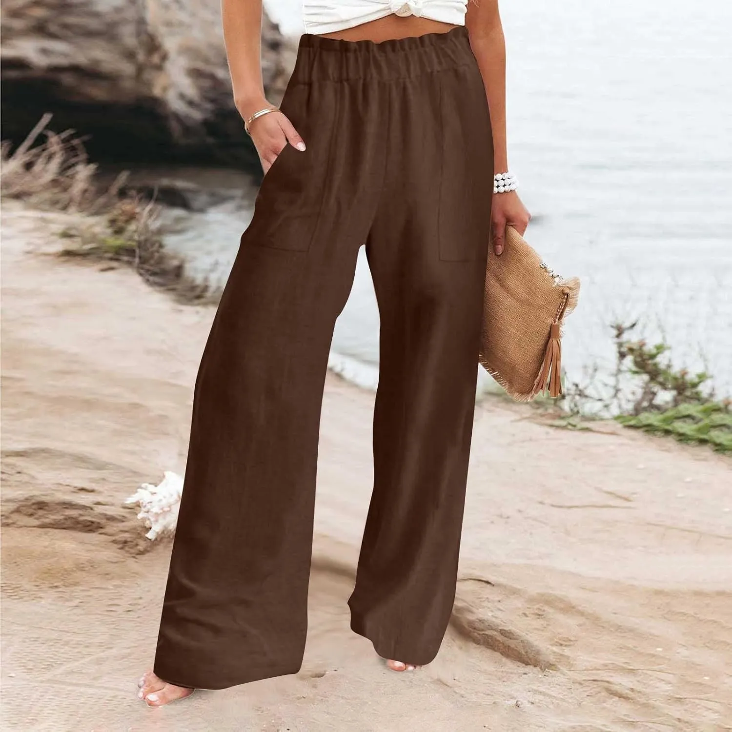 Womens Linen Palazzo Pants with Pockets Wide Leg Summer Bottoms Boho Pants Loose Fit Casual Trousers Lounge