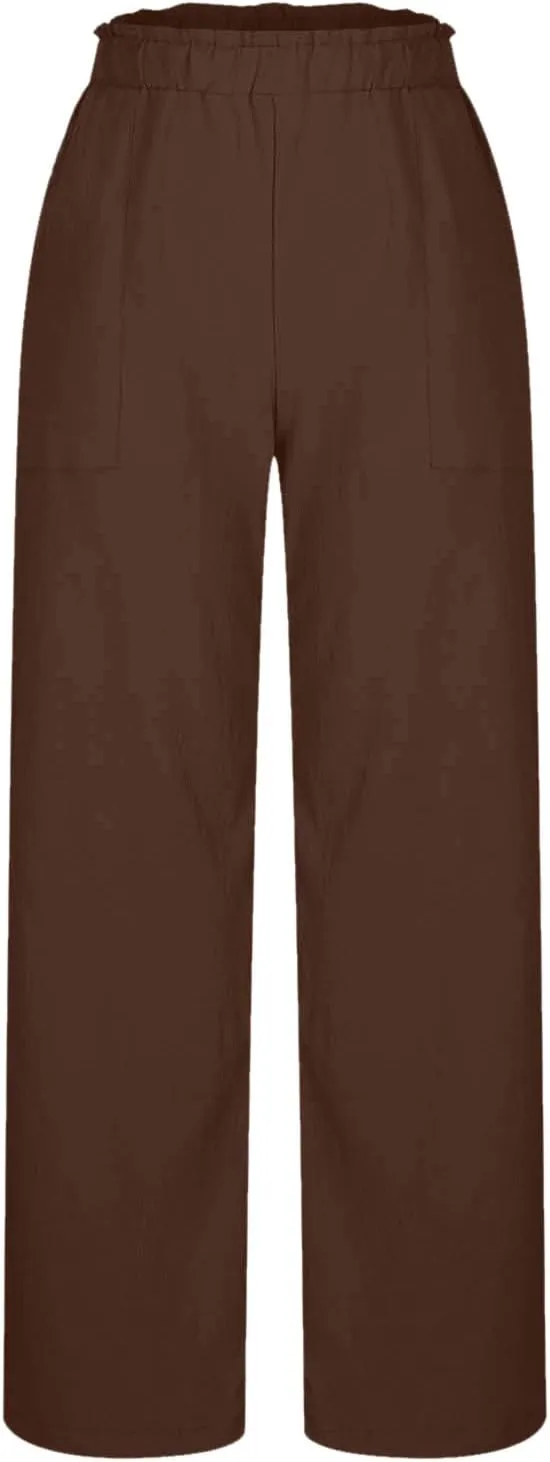 Womens Linen Palazzo Pants with Pockets Wide Leg Summer Bottoms Boho Pants Loose Fit Casual Trousers Lounge