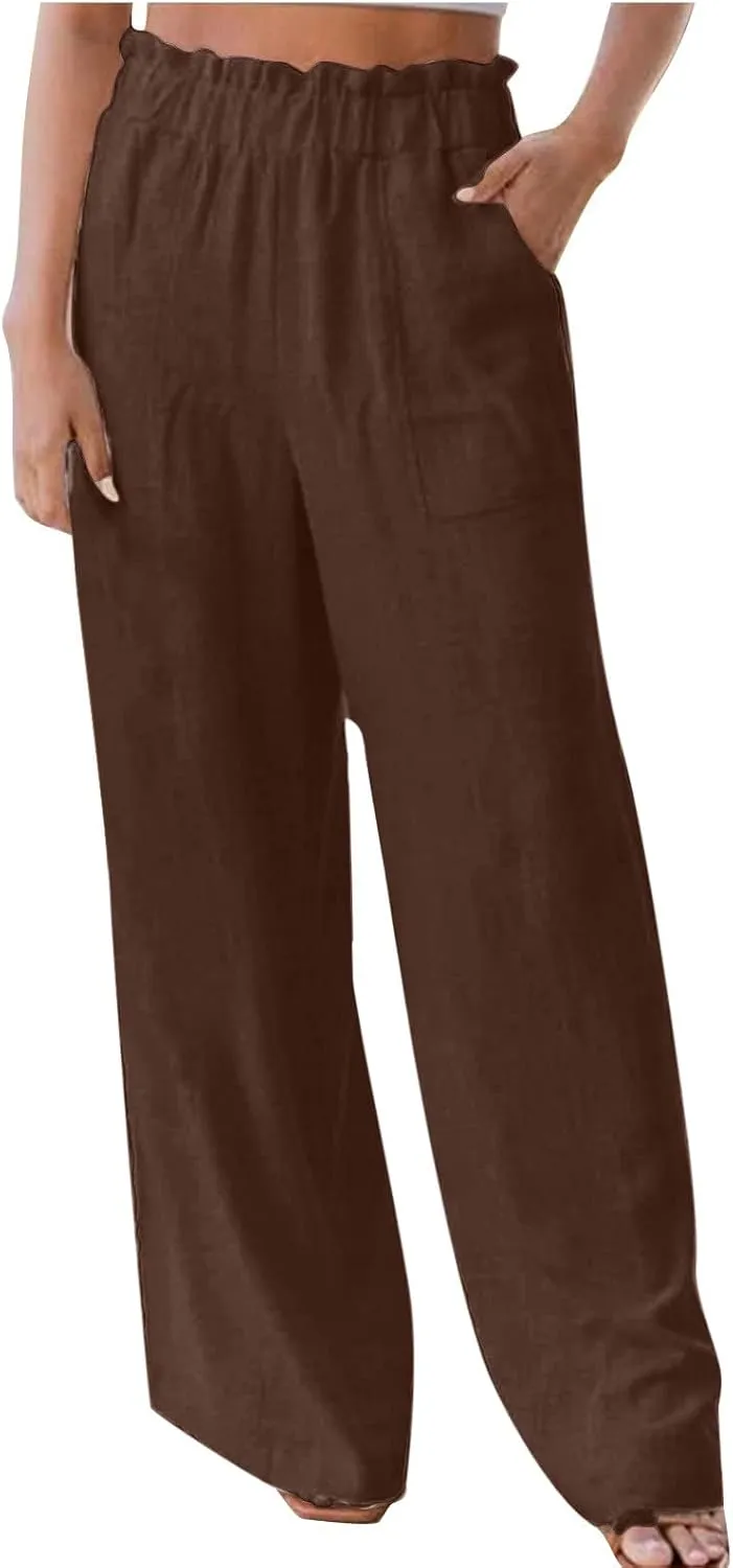 Womens Linen Palazzo Pants with Pockets Wide Leg Summer Bottoms Boho Pants Loose Fit Casual Trousers Lounge