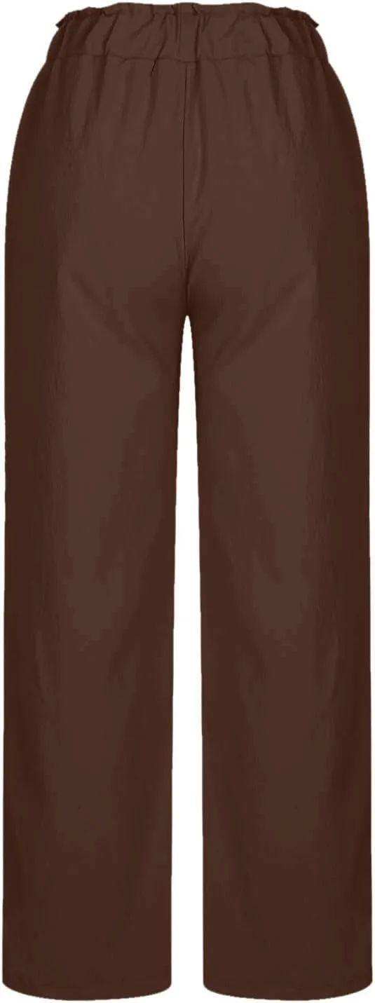 Womens Linen Palazzo Pants with Pockets Wide Leg Summer Bottoms Boho Pants Loose Fit Casual Trousers Lounge