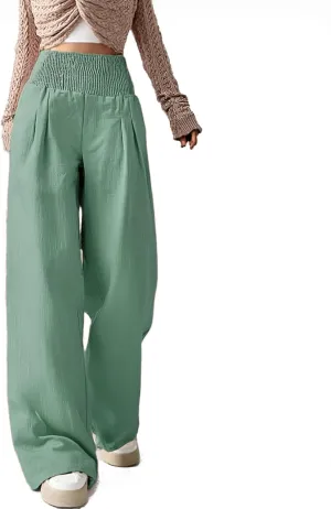 Womens Linen Pants 2025 Summer Casual Smocked High Waist Wide Leg Lounge Palazzo Trousers Beach Outfits with Pockets