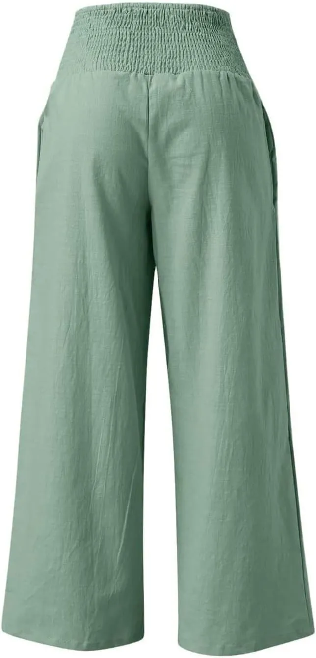 Womens Linen Pants 2025 Summer Casual Smocked High Waist Wide Leg Lounge Palazzo Trousers Beach Outfits with Pockets