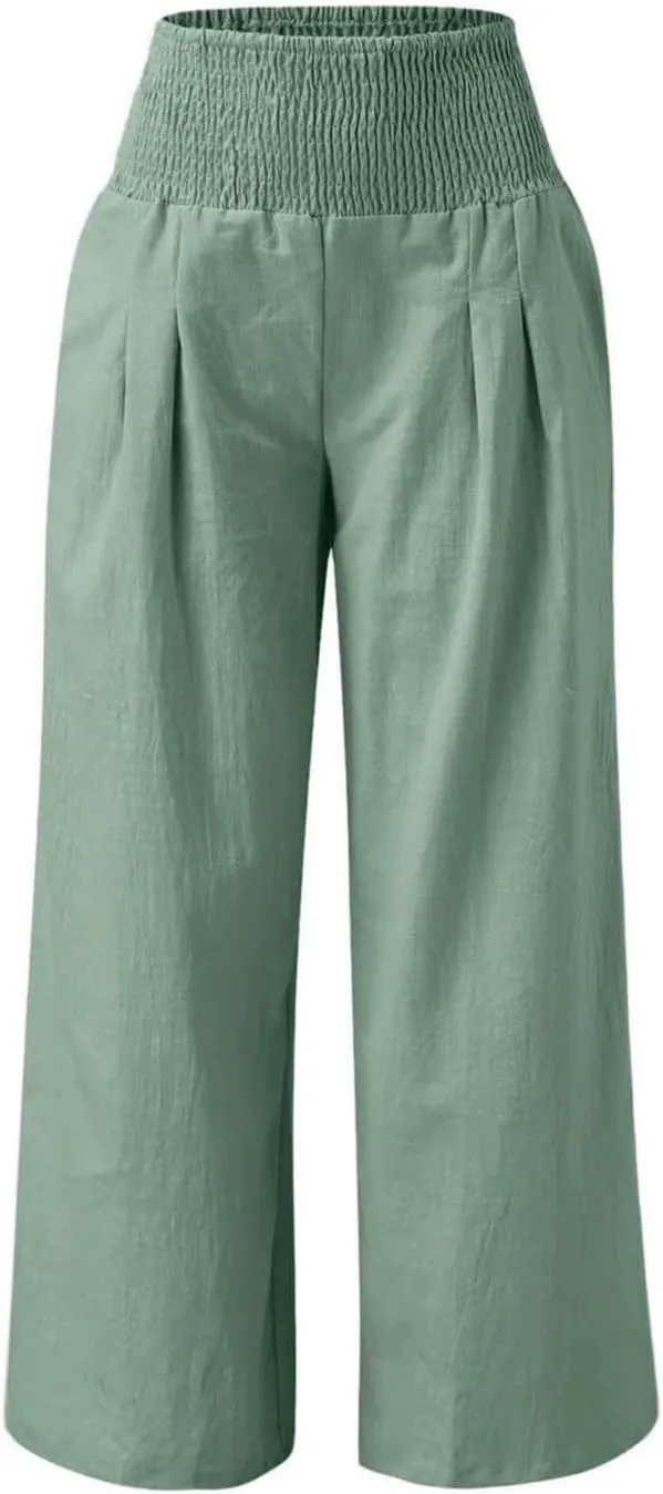 Womens Linen Pants 2025 Summer Casual Smocked High Waist Wide Leg Lounge Palazzo Trousers Beach Outfits with Pockets