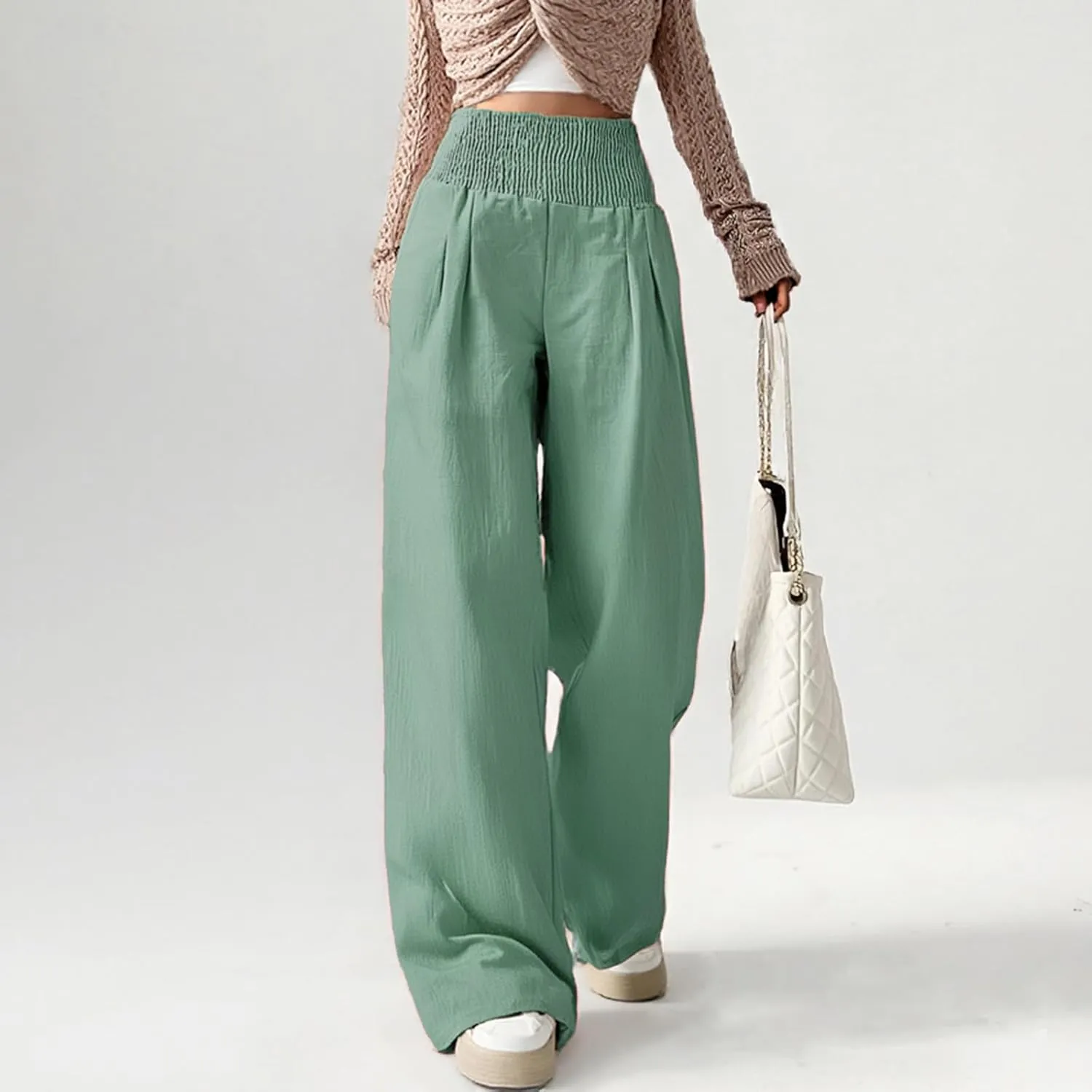 Womens Linen Pants 2025 Summer Casual Smocked High Waist Wide Leg Lounge Palazzo Trousers Beach Outfits with Pockets
