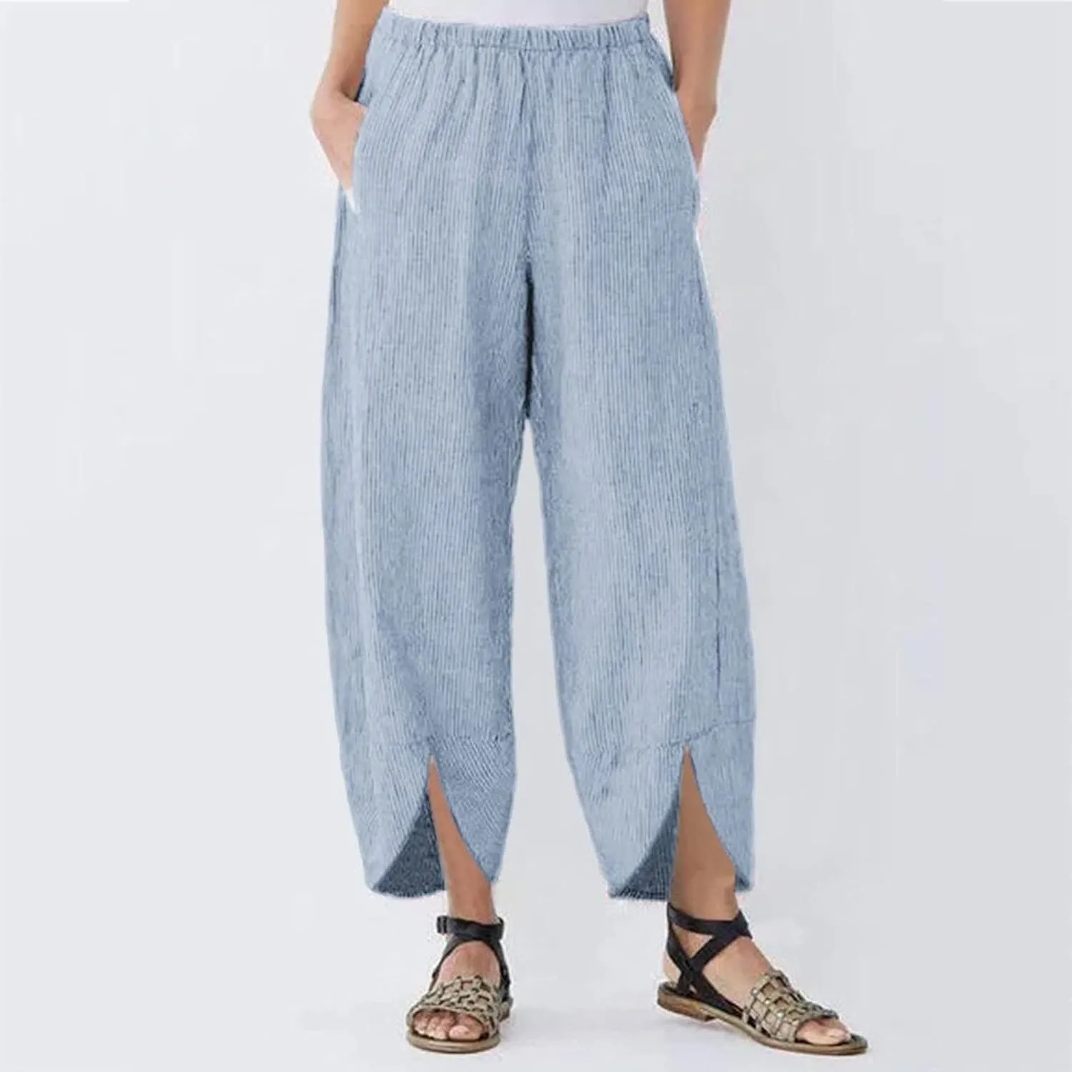 Womens Linen Pants Casual Elastic High Waist Summer Pants Comfy Relax Fit Palazzo Pants Split Trouser Legs