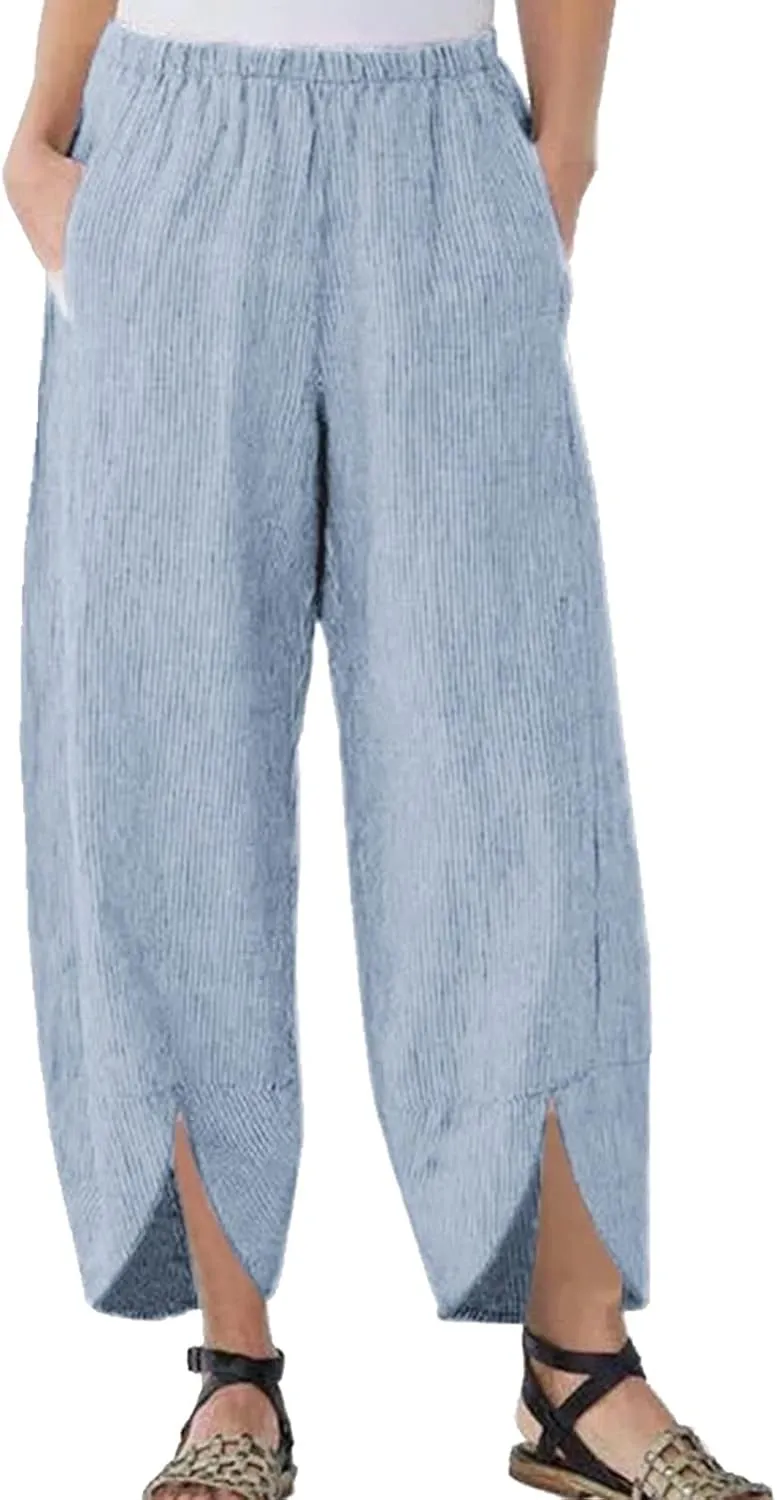 Womens Linen Pants Casual Elastic High Waist Summer Pants Comfy Relax Fit Palazzo Pants Split Trouser Legs