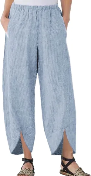 Womens Linen Pants Casual Elastic High Waist Summer Pants Comfy Relax Fit Palazzo Pants Split Trouser Legs