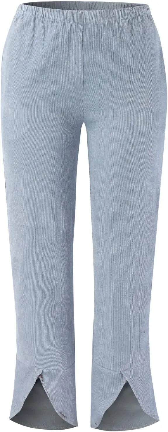 Womens Linen Pants Casual Elastic High Waist Summer Pants Comfy Relax Fit Palazzo Pants Split Trouser Legs