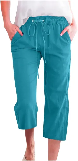 Womens Linen Summer Capri Pants 2025 Pants Drawstring Elastic Trousers Comfy Gauze Casual Lightweight Loose Trousers