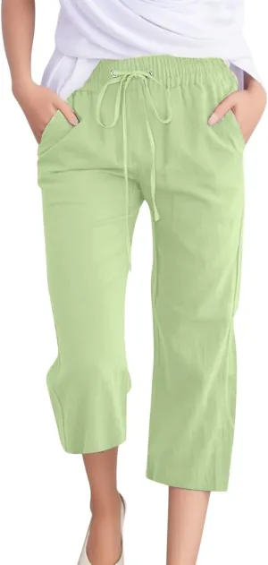 Womens Linen Summer Capri Pants 2025 Pants Drawstring Elastic Trousers Comfy Gauze Casual Lightweight Loose Trousers