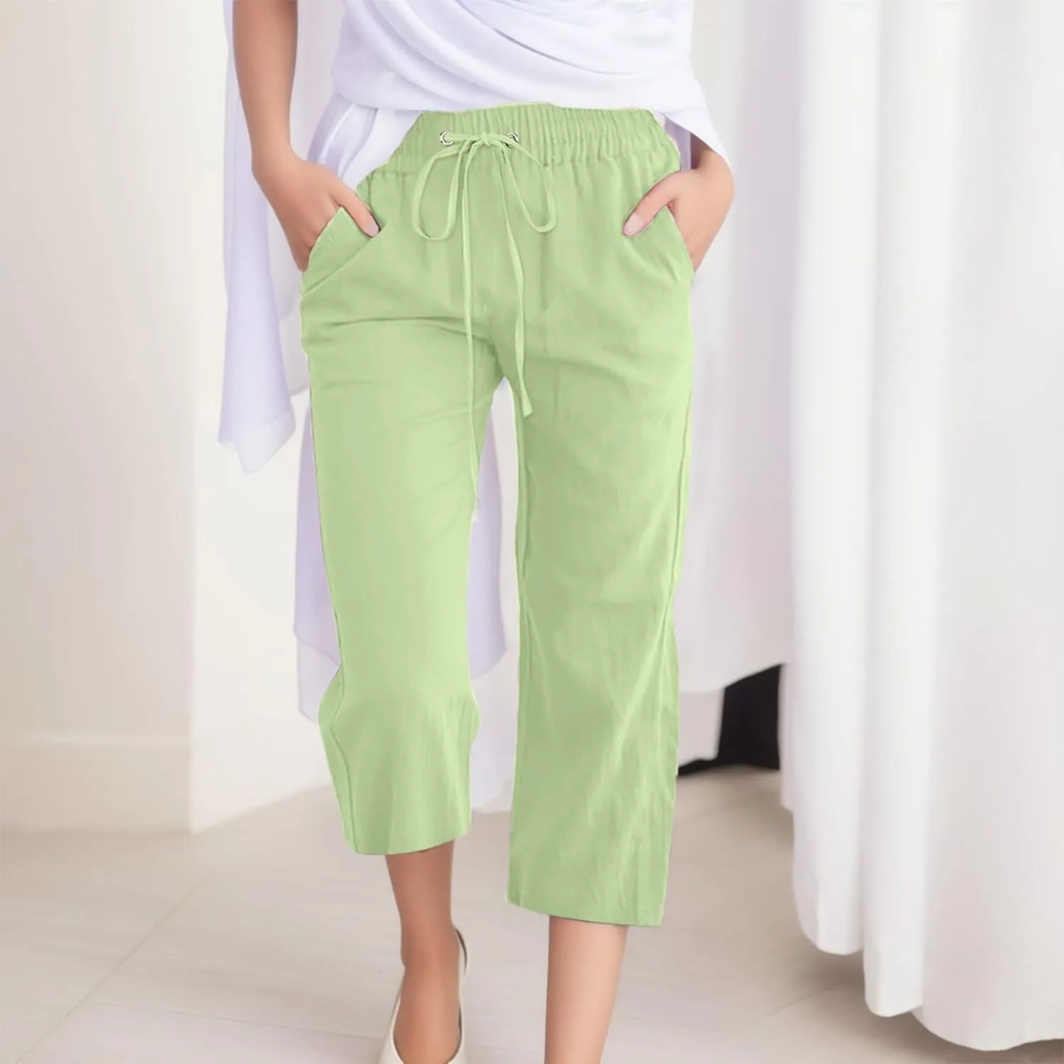 Womens Linen Summer Capri Pants 2025 Pants Drawstring Elastic Trousers Comfy Gauze Casual Lightweight Loose Trousers