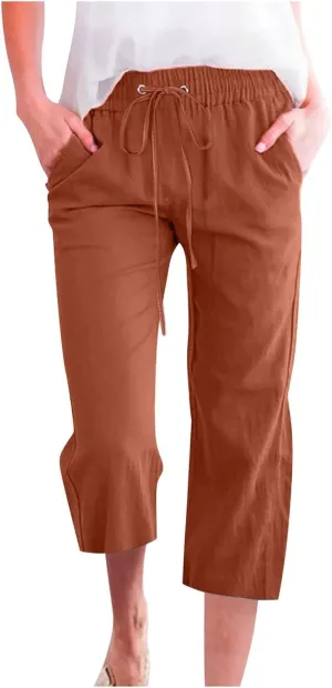Womens Linen Summer Capri Pants 2025 Pants Drawstring Elastic Trousers Comfy Gauze Casual Lightweight Loose Trousers