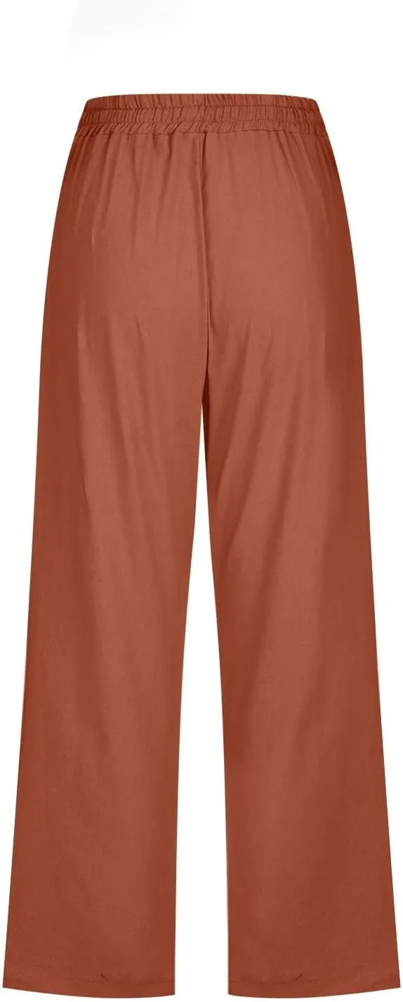 Womens Linen Summer Capri Pants 2025 Pants Drawstring Elastic Trousers Comfy Gauze Casual Lightweight Loose Trousers