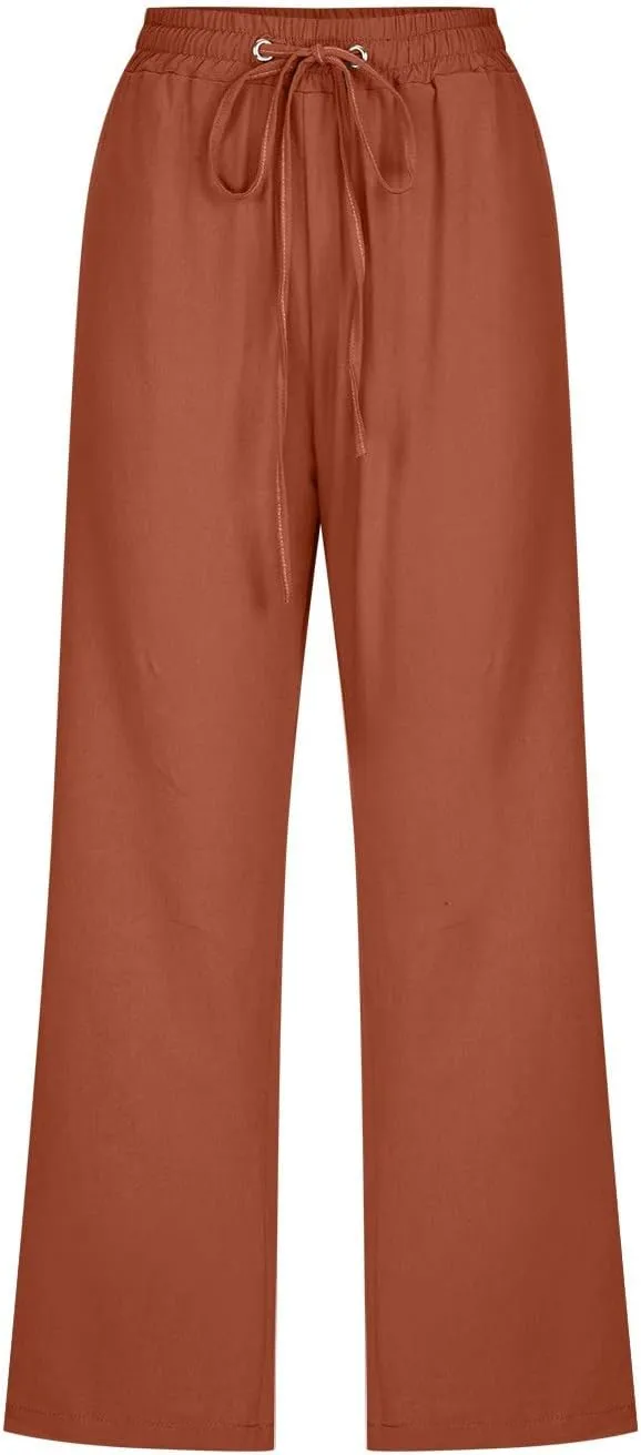 Womens Linen Summer Capri Pants 2025 Pants Drawstring Elastic Trousers Comfy Gauze Casual Lightweight Loose Trousers