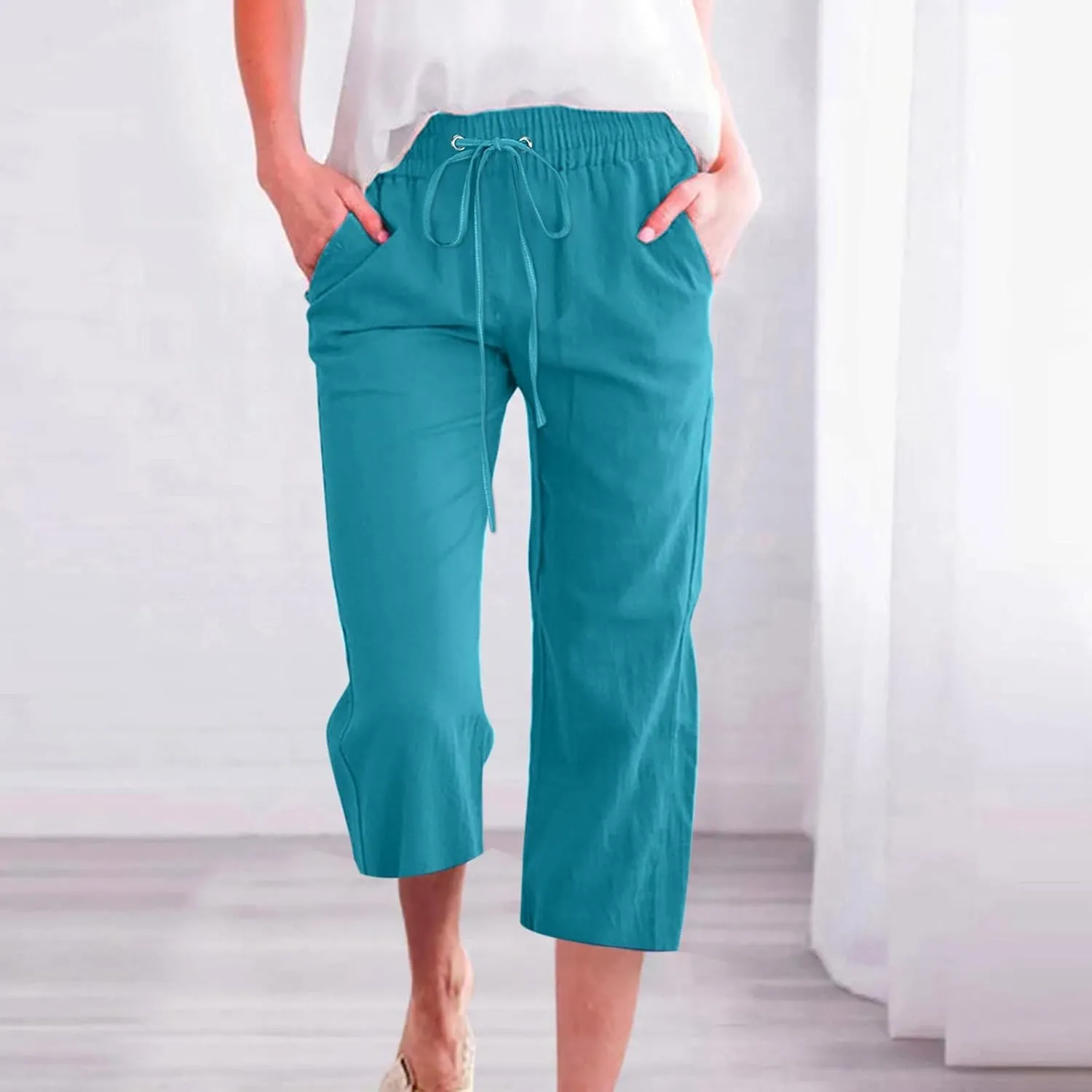 Womens Linen Summer Capri Pants 2025 Pants Drawstring Elastic Trousers Comfy Gauze Casual Lightweight Loose Trousers