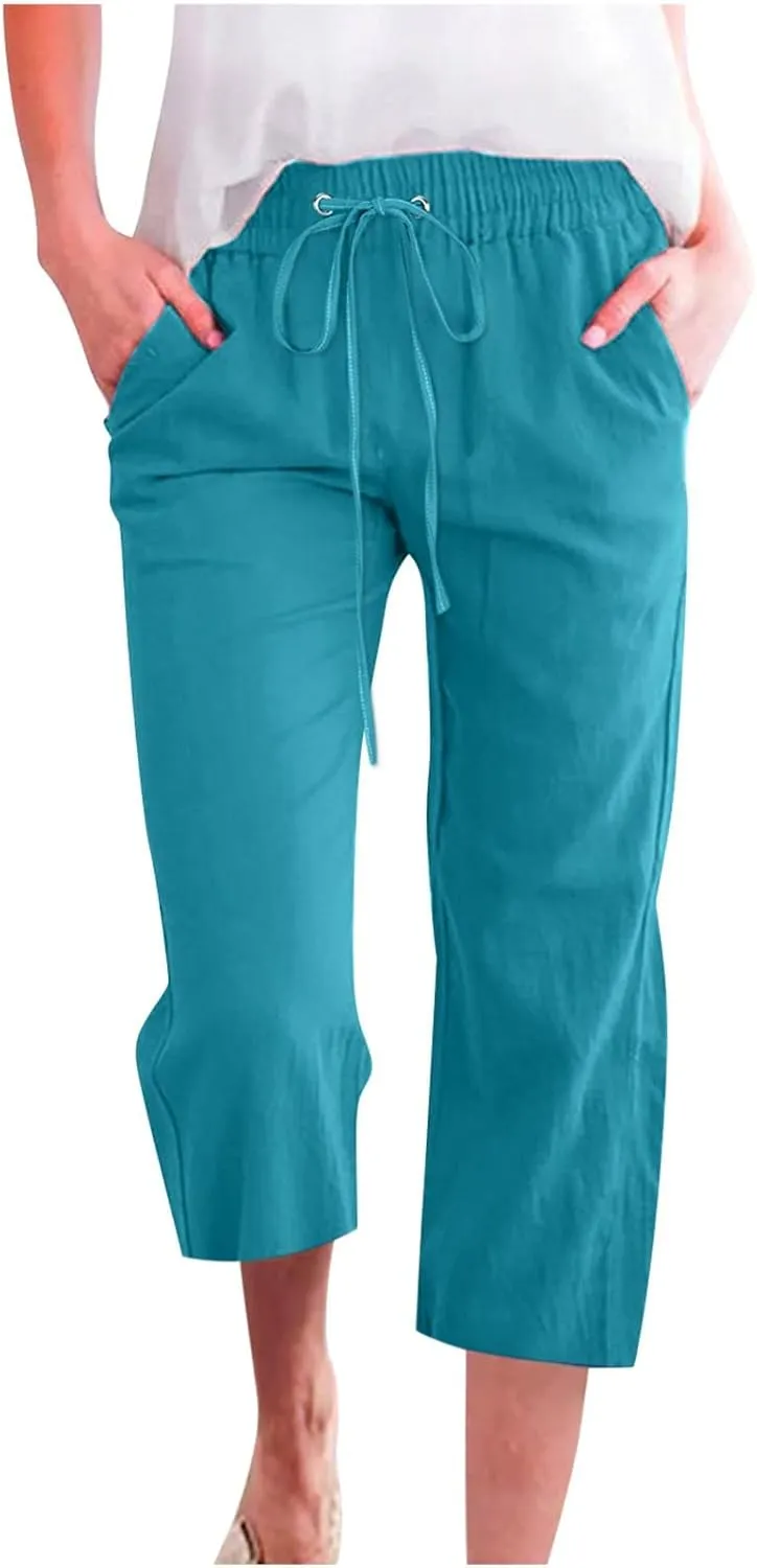 Womens Linen Summer Capri Pants 2025 Pants Drawstring Elastic Trousers Comfy Gauze Casual Lightweight Loose Trousers