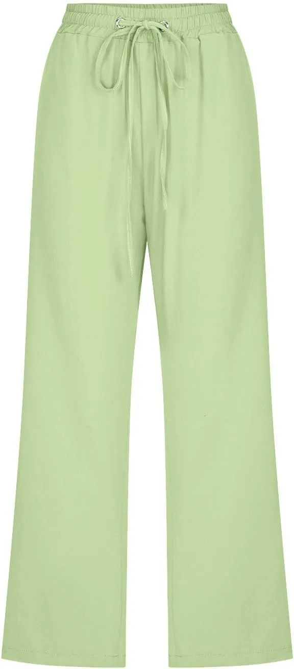 Womens Linen Summer Capri Pants 2025 Pants Drawstring Elastic Trousers Comfy Gauze Casual Lightweight Loose Trousers