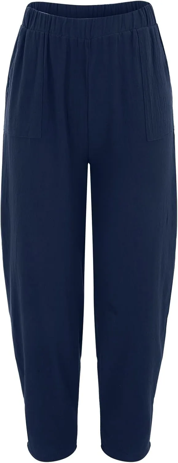 Womens Linen Wide Leg Harem Pants Casual Baggy Loose Palazzo Pants Comfy Beach Vacation Summer Trousers with Pockets