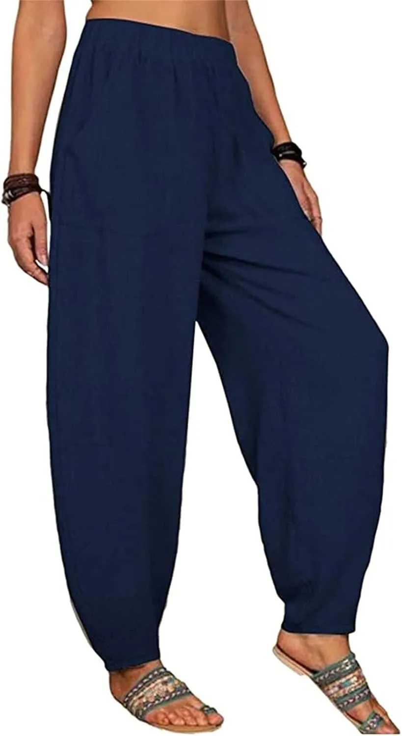 Womens Linen Wide Leg Harem Pants Casual Baggy Loose Palazzo Pants Comfy Beach Vacation Summer Trousers with Pockets