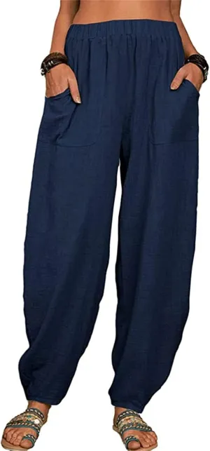 Womens Linen Wide Leg Harem Pants Casual Baggy Loose Palazzo Pants Comfy Beach Vacation Summer Trousers with Pockets