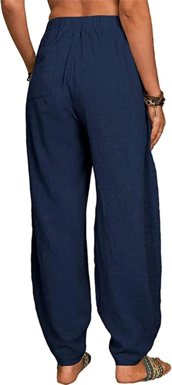 Womens Linen Wide Leg Harem Pants Casual Baggy Loose Palazzo Pants Comfy Beach Vacation Summer Trousers with Pockets