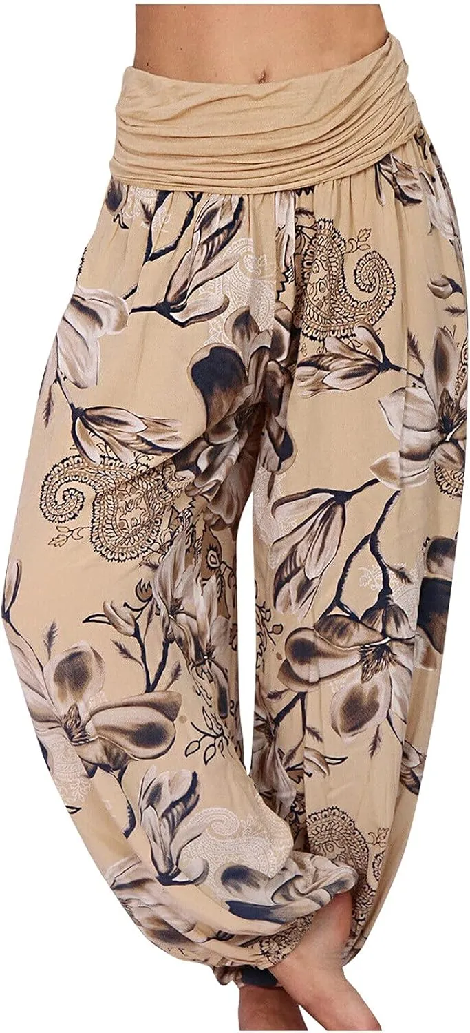 Womens Plus Size High Elastic Waist Harem Pants Casual Loose Baggy Pants with Pockets Bohemian Beach Yoga Trousers