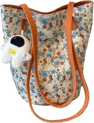 Women's retro floral large capacity single shoulder crossbody canvas tote lazy bucket bag