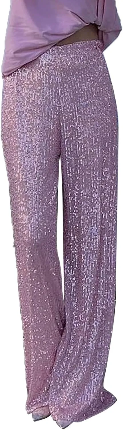 Womens Sequin Flare Pant Women Sequins Wide Leg Pants Fashion Shiny Hight Waist Flared High Waist Shiny Sequin