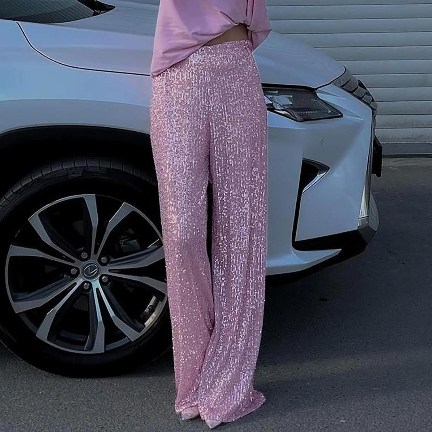 Womens Sequin Flare Pant Women Sequins Wide Leg Pants Fashion Shiny Hight Waist Flared High Waist Shiny Sequin