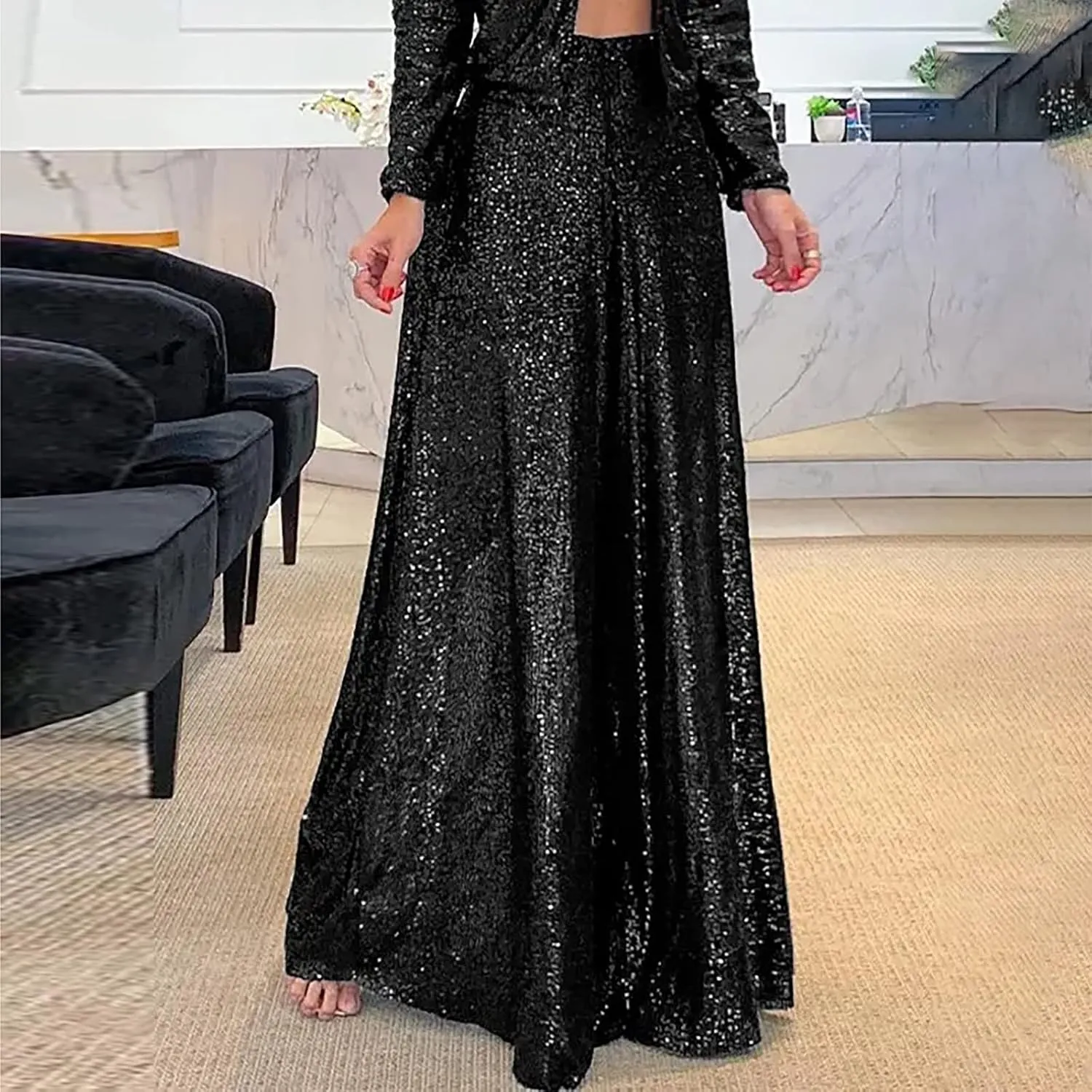 Women's Sequin Pants for Party Night 2024 Shiny Pleated Wide Leg Pants Party Nightout Elastic Waist Trousers Clubwear