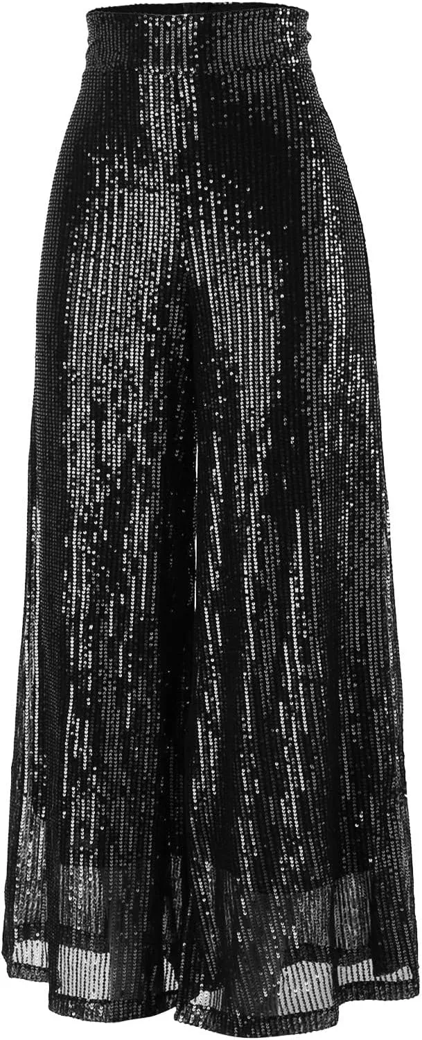 Women's Sequin Pants for Party Night 2024 Shiny Pleated Wide Leg Pants Party Nightout Elastic Waist Trousers Clubwear
