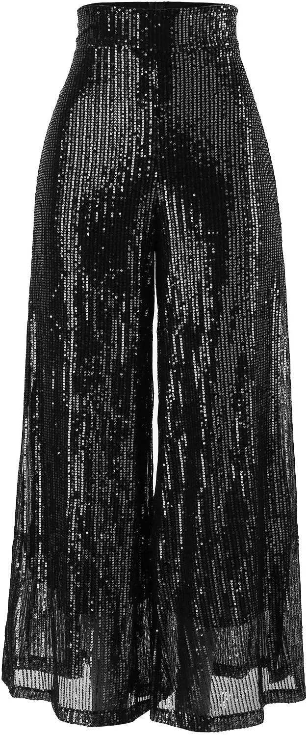 Women's Sequin Pants for Party Night 2024 Shiny Pleated Wide Leg Pants Party Nightout Elastic Waist Trousers Clubwear