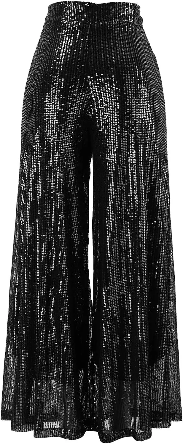 Women's Sequin Pants for Party Night 2024 Shiny Pleated Wide Leg Pants Party Nightout Elastic Waist Trousers Clubwear