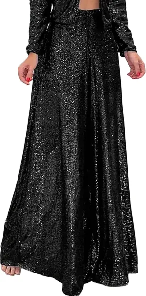 Women's Sequin Pants for Party Night 2024 Shiny Pleated Wide Leg Pants Party Nightout Elastic Waist Trousers Clubwear